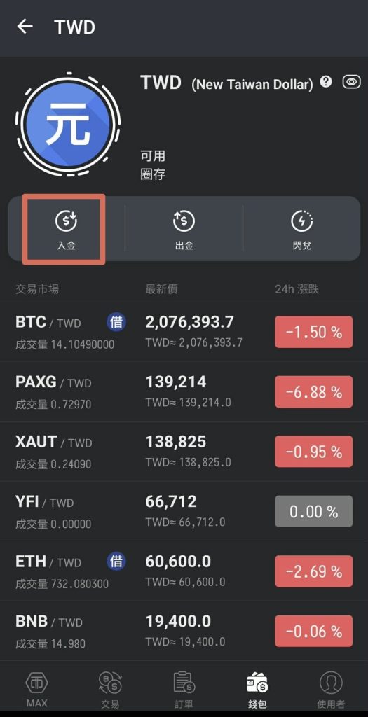 MAX台幣入金教學：App的TWD錢包頁面，紅框標出入金按鈕